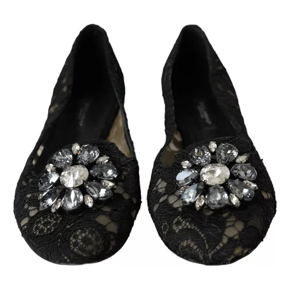 Dolce & Gabbana Black Taormina Lace Crystals Flats Shoes Dolce & Gabbana