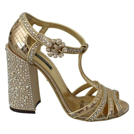 Dolce & Gabbana Gold Crystals T-strap Sandals Leather Shoes Dolce & Gabbana