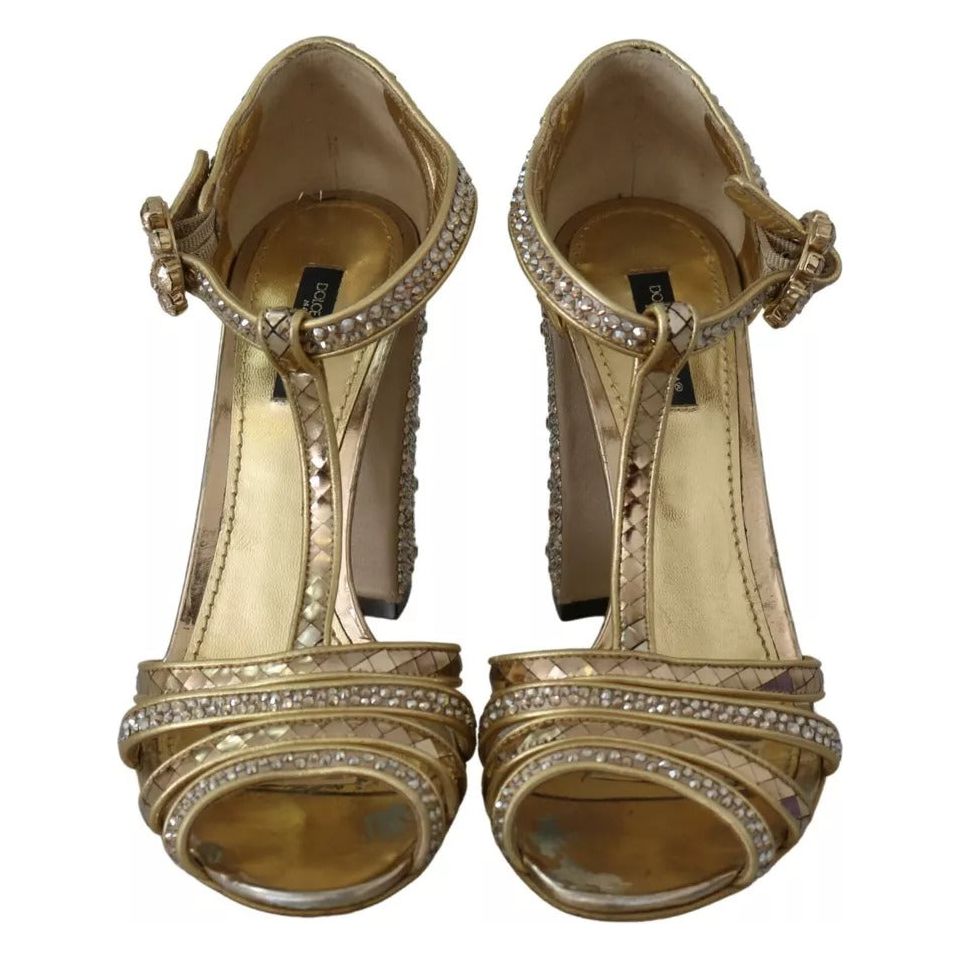 Dolce & Gabbana Gold Crystals T-strap Sandals Leather Shoes Dolce & Gabbana