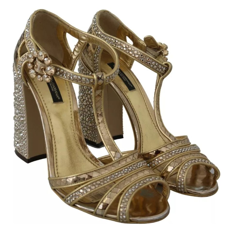 Dolce & Gabbana Gold Crystals T-strap Sandals Leather Shoes Dolce & Gabbana