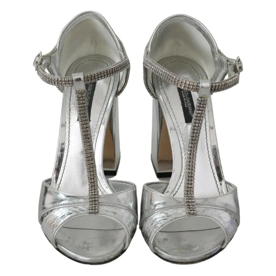 Dolce & Gabbana Silver Crystals T-strap Sandals Leather Shoes Dolce & Gabbana