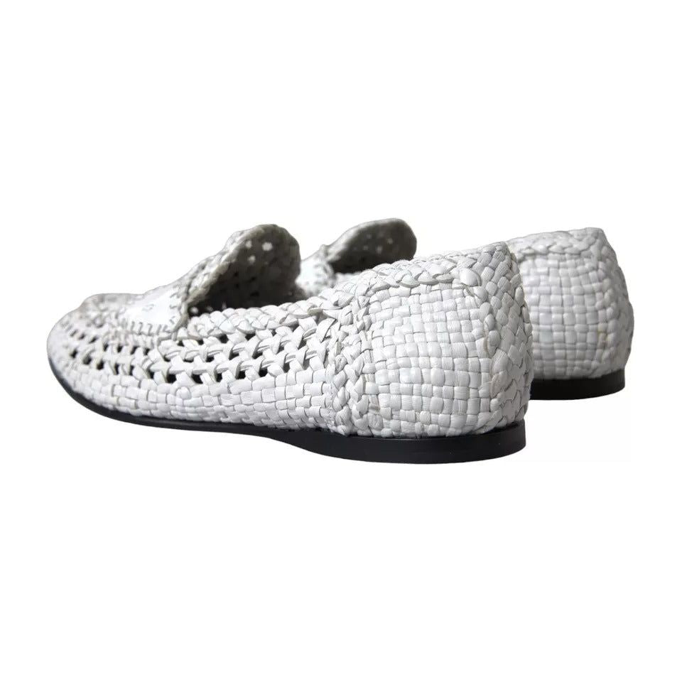 Dolce & Gabbana White Woven Leather Men Slip On Loafers Shoes Dolce & Gabbana