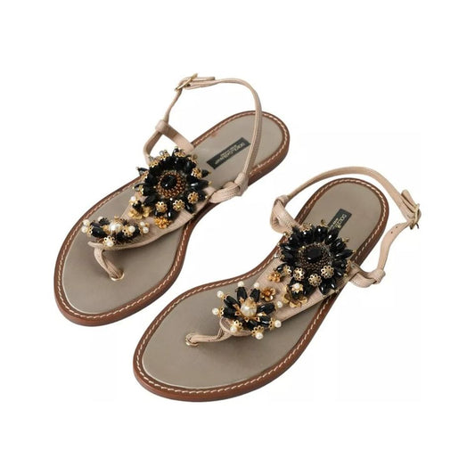 Dolce & Gabbana Beige Satin Gold Beaded Flats Slides Sandals Shoes Dolce & Gabbana