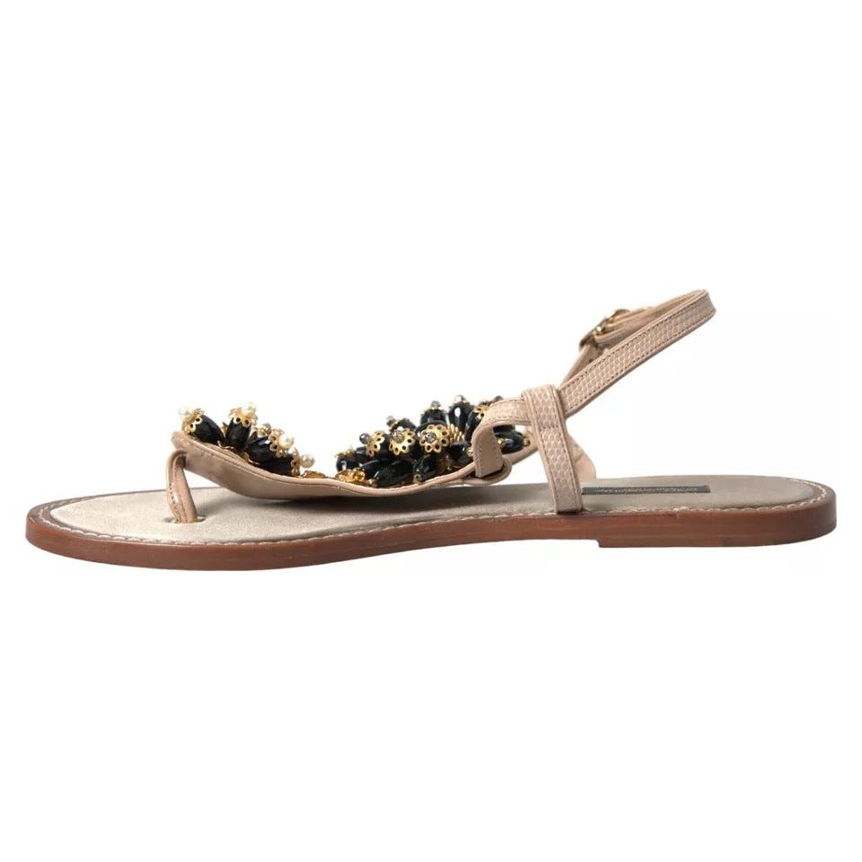 Dolce & Gabbana Beige Satin Gold Beaded Flats Slides Sandals Shoes Dolce & Gabbana