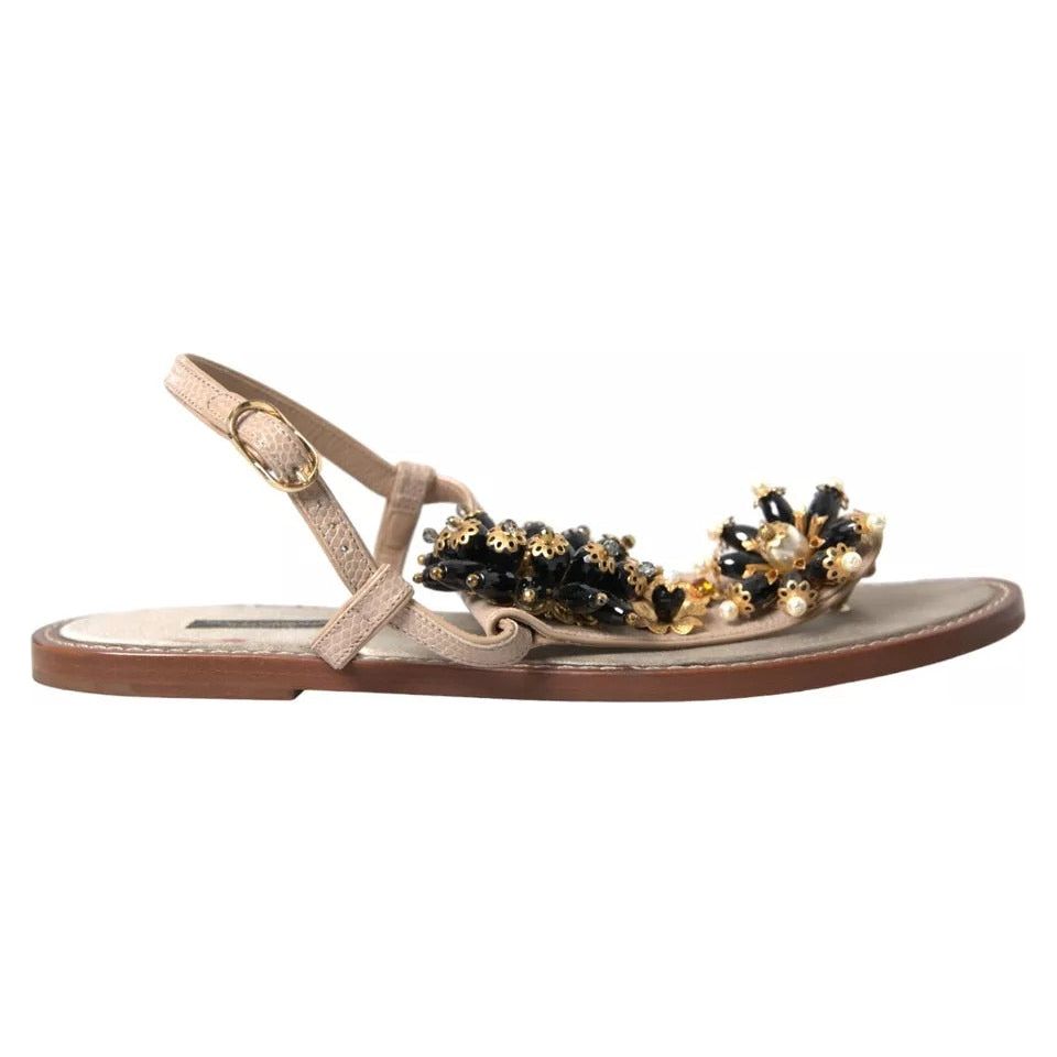 Dolce & Gabbana Beige Satin Gold Beaded Flats Slides Sandals Shoes Dolce & Gabbana