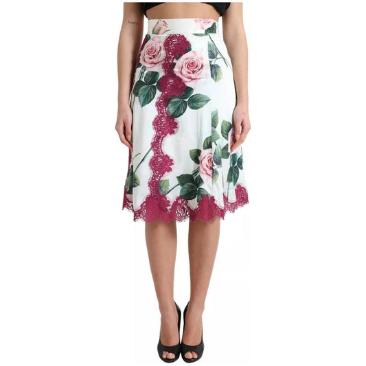 Dolce & Gabbana White Rose Print High Waist Midi A-line Skirt Dolce & Gabbana