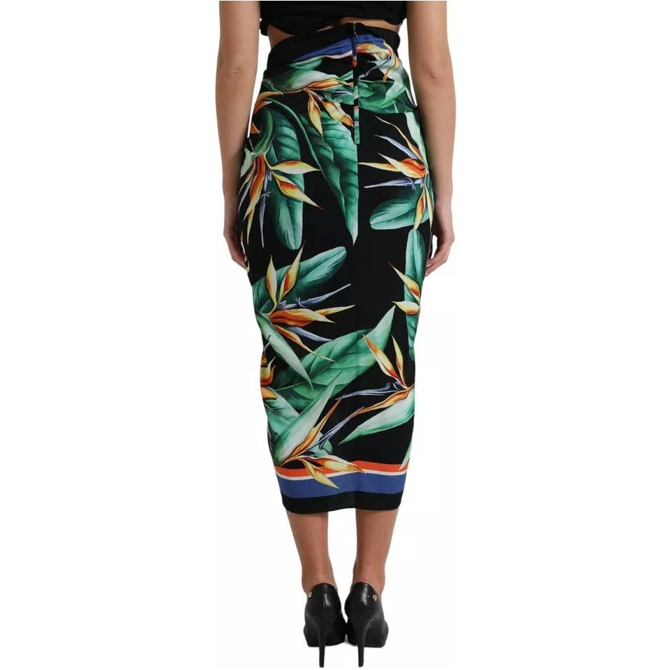 Dolce & Gabbana Black Strelitzia High Waist Wrap Midi Skirt Dolce & Gabbana