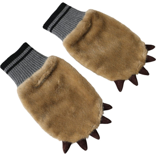 Dolce & Gabbana Beige Acrylic Knitted Fur Wrist Mitten Gloves Dolce & Gabbana