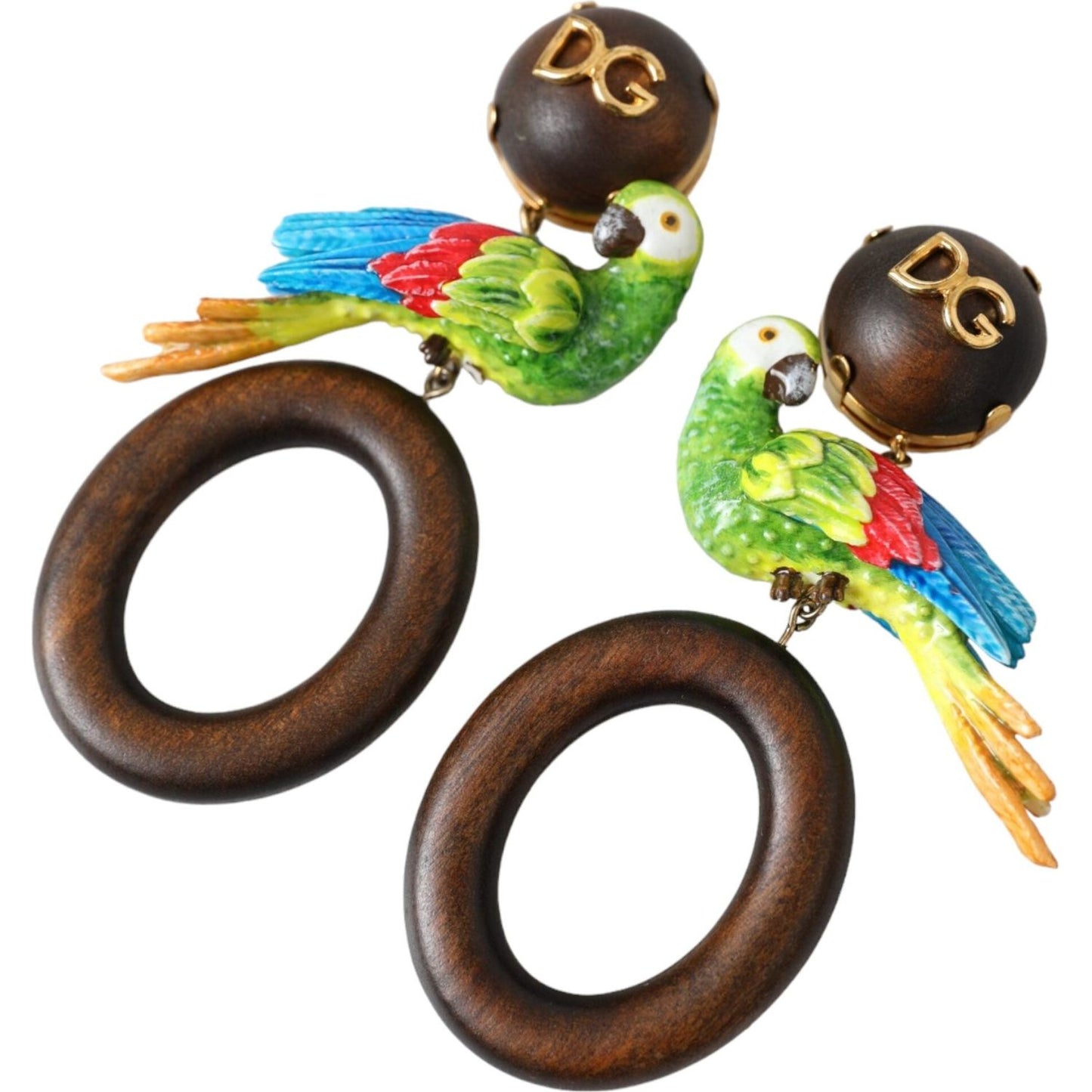 Dolce & Gabbana Multicolor Parrot Wood Brass Crystal Embellished Earring Dolce & Gabbana