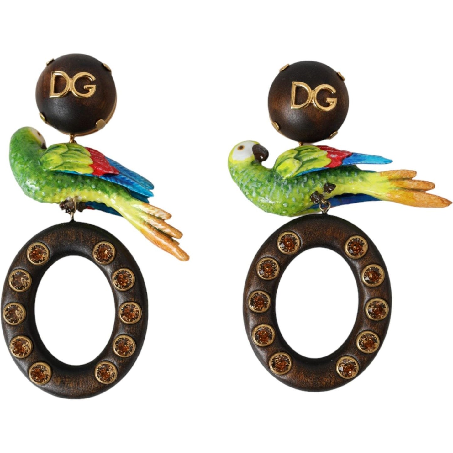 Dolce & Gabbana Multicolor Parrot Wood Brass Crystal Embellished Earrings Dolce & Gabbana