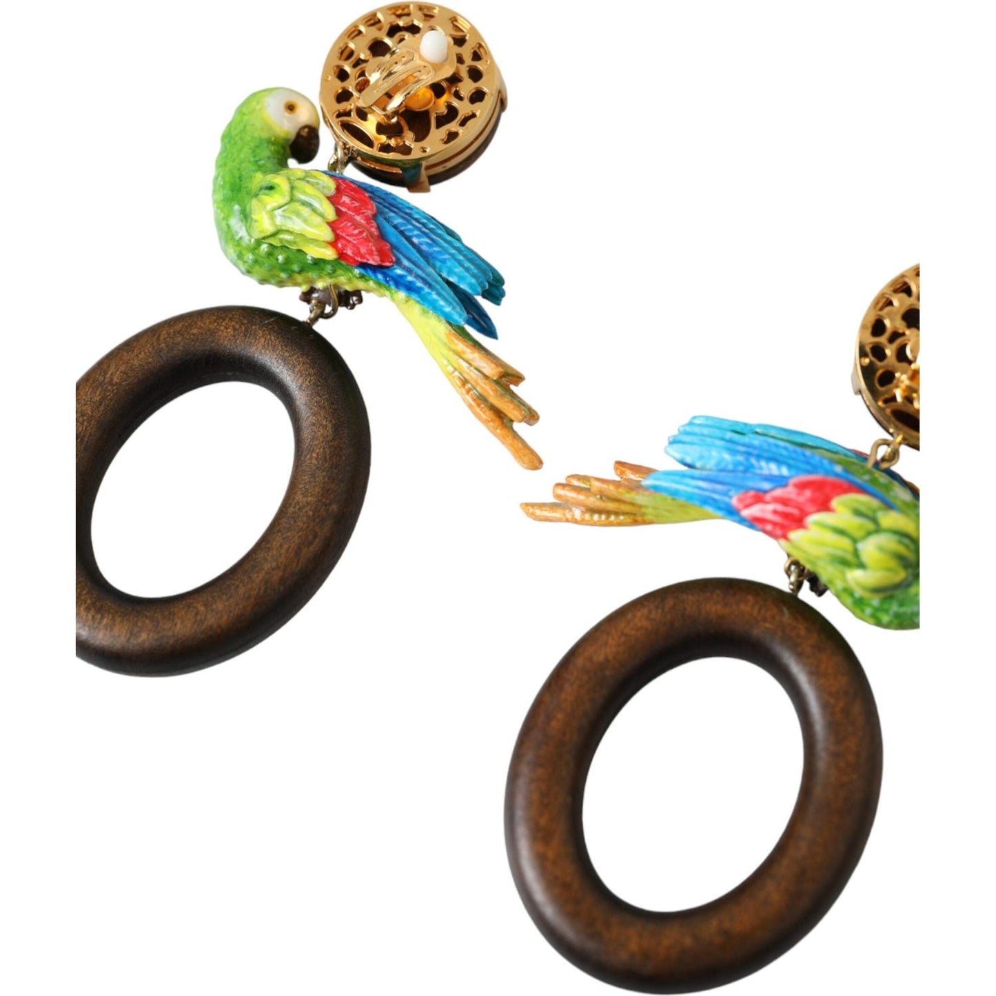 Dolce & Gabbana Multicolor Parrot Wood Brass Crystal Embellished Earrings Earrings Dolce & Gabbana