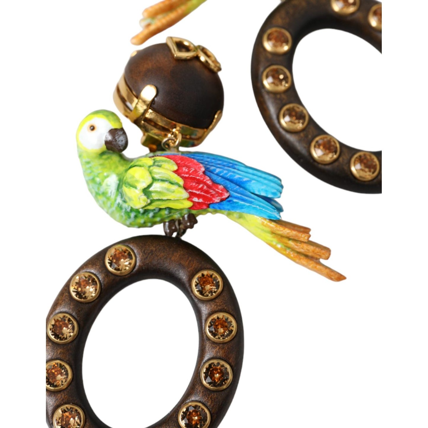 Dolce & Gabbana Multicolor Parrot Wood Brass Crystal Embellished Earrings Earrings Dolce & Gabbana