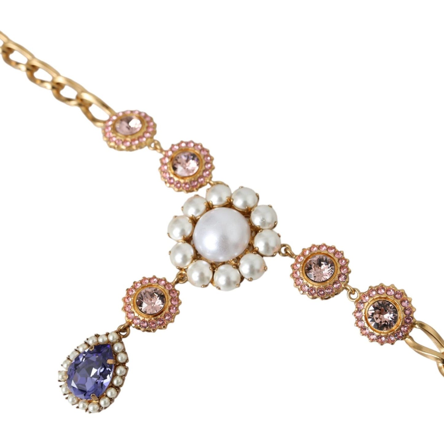 Dolce & Gabbana Gold Brass Crystal Purple Pink Pearl Pendants Necklace Dolce & Gabbana