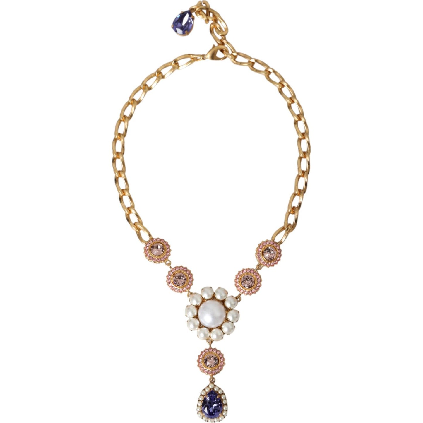 Dolce & Gabbana Gold Brass Crystal Purple Pink Pearl Pendants Necklace Dolce & Gabbana