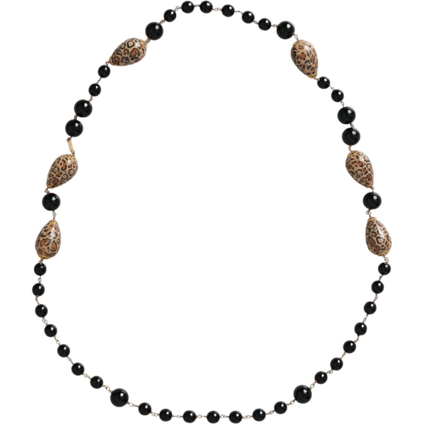 Dolce & Gabbana Gold Tone Brass Black Printed Beaded Long Chain Necklace Dolce & Gabbana