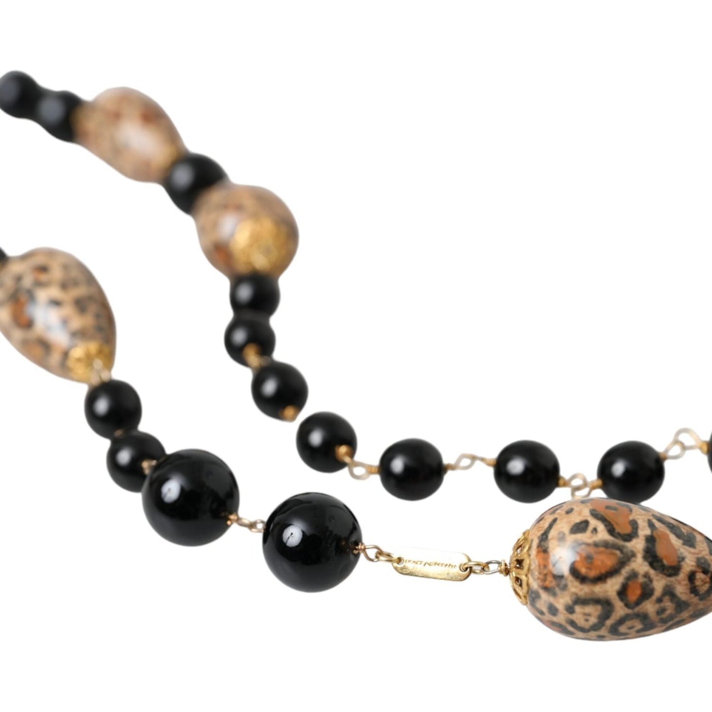 Dolce & Gabbana Gold Tone Brass Black Printed Beaded Long Chain Necklace Necklace Dolce & Gabbana