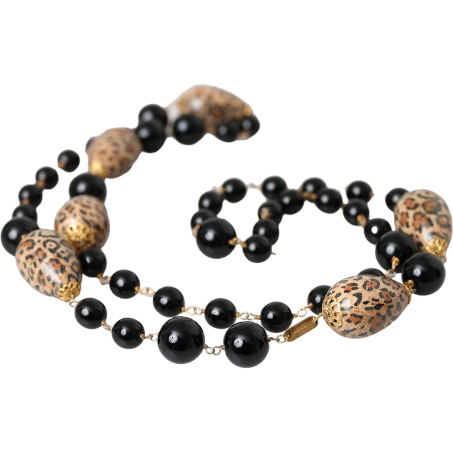 Dolce & Gabbana Gold Tone Brass Black Printed Beaded Long Chain Necklace Necklace Dolce & Gabbana