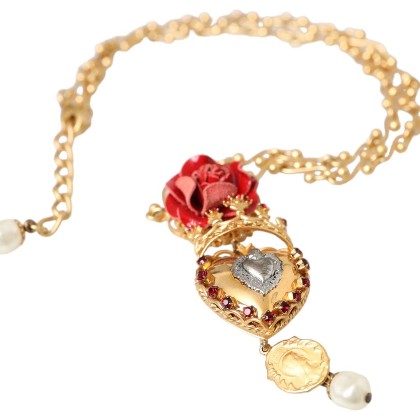 Dolce & Gabbana Gold BrassChain Sacred Heart Rose Crystal Charm Necklace Dolce & Gabbana