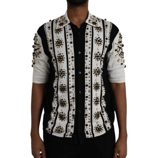 Dolce & Gabbana White Black Silk Studded Stone Crystal Shirt Dolce & Gabbana