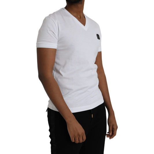 Dolce & Gabbana White Cotton Logo Plaque V-neck Men T-shirt Dolce & Gabbana