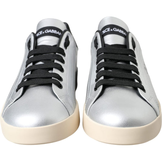 Dolce & Gabbana Silver Portofino Calf Leather Sneakers Men Shoes Dolce & Gabbana