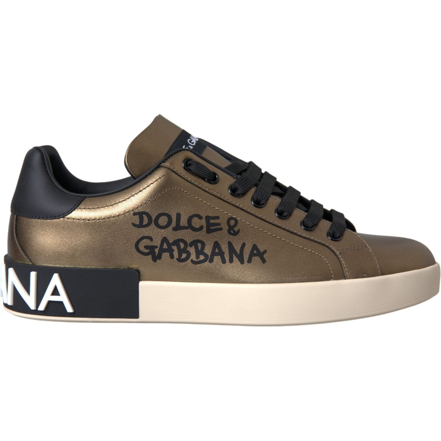 Dolce & Gabbana Gold Black Portofino Calf Leather Sneakers Shoes Dolce & Gabbana