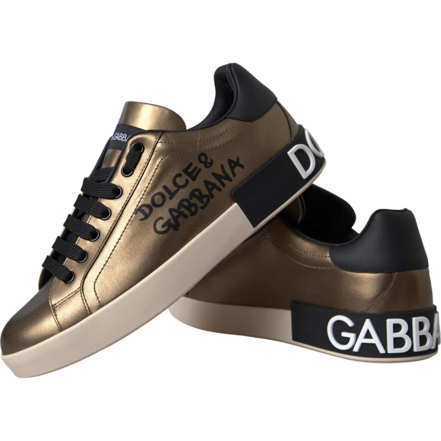 Dolce & Gabbana Gold Black Portofino Calf Leather Sneakers Shoes Dolce & Gabbana