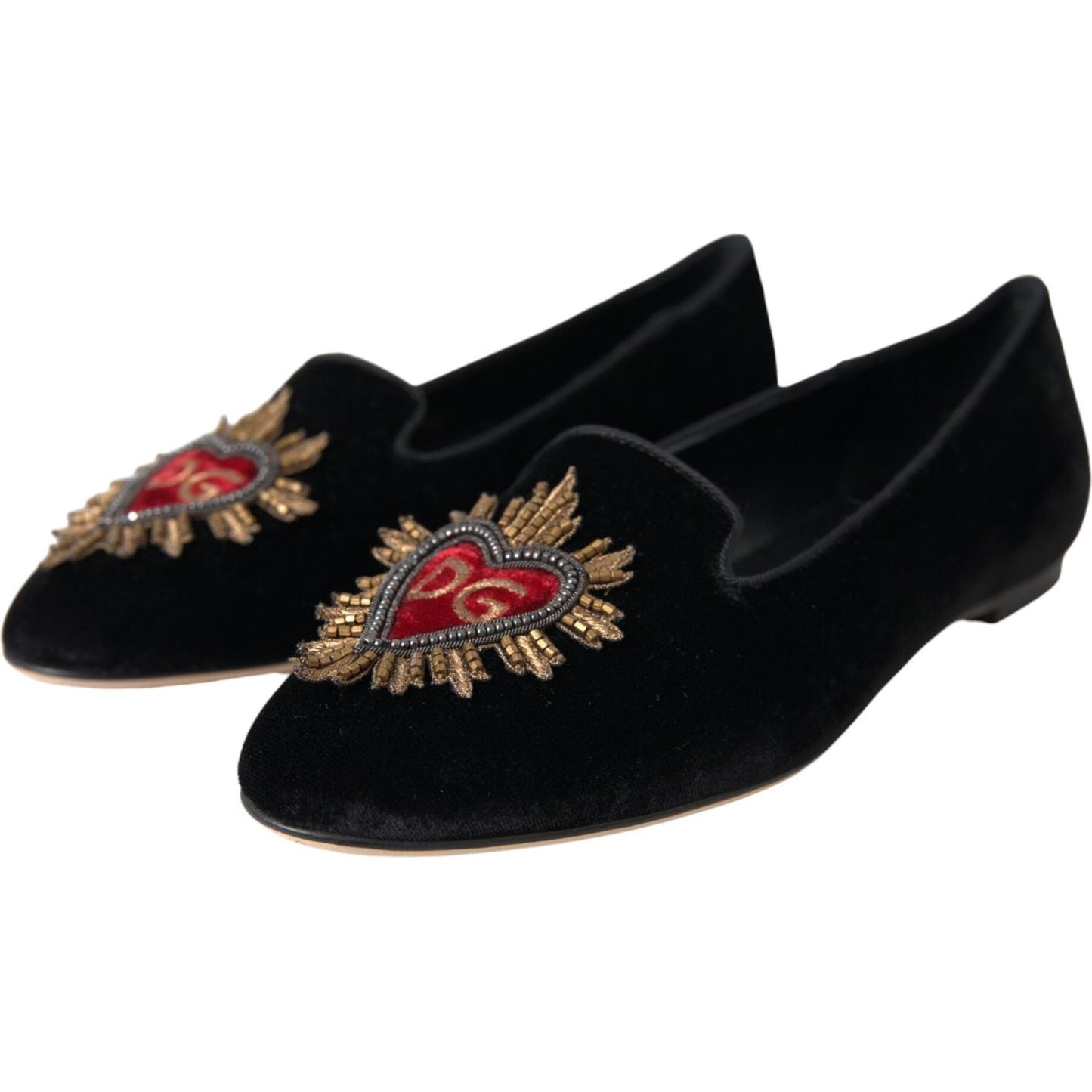 Dolce & Gabbana Black Velvet DG Heart Loafers Flats Shoes Dolce & Gabbana