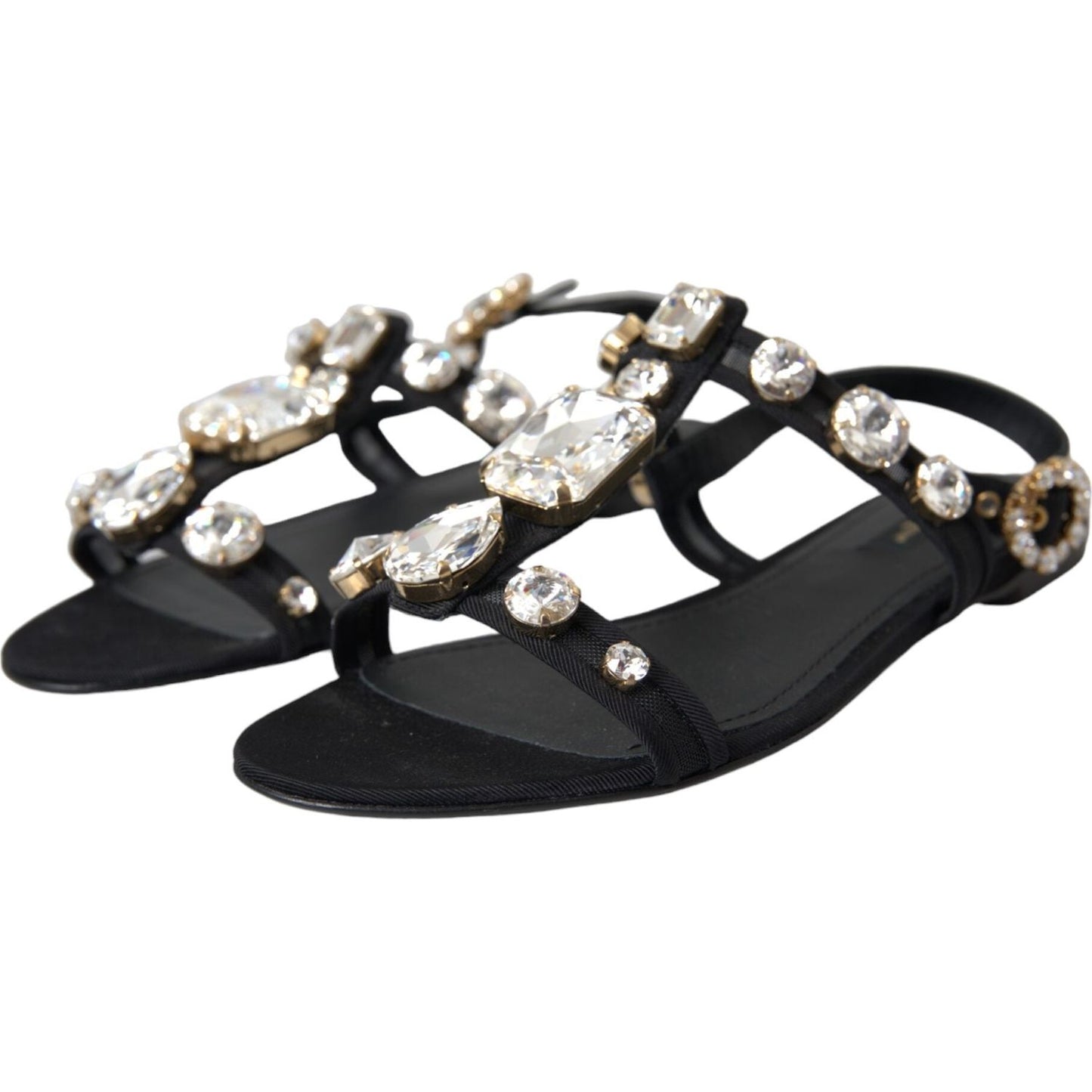 Dolce & Gabbana Black Leather Crystal Flats Sandals Shoes Dolce & Gabbana