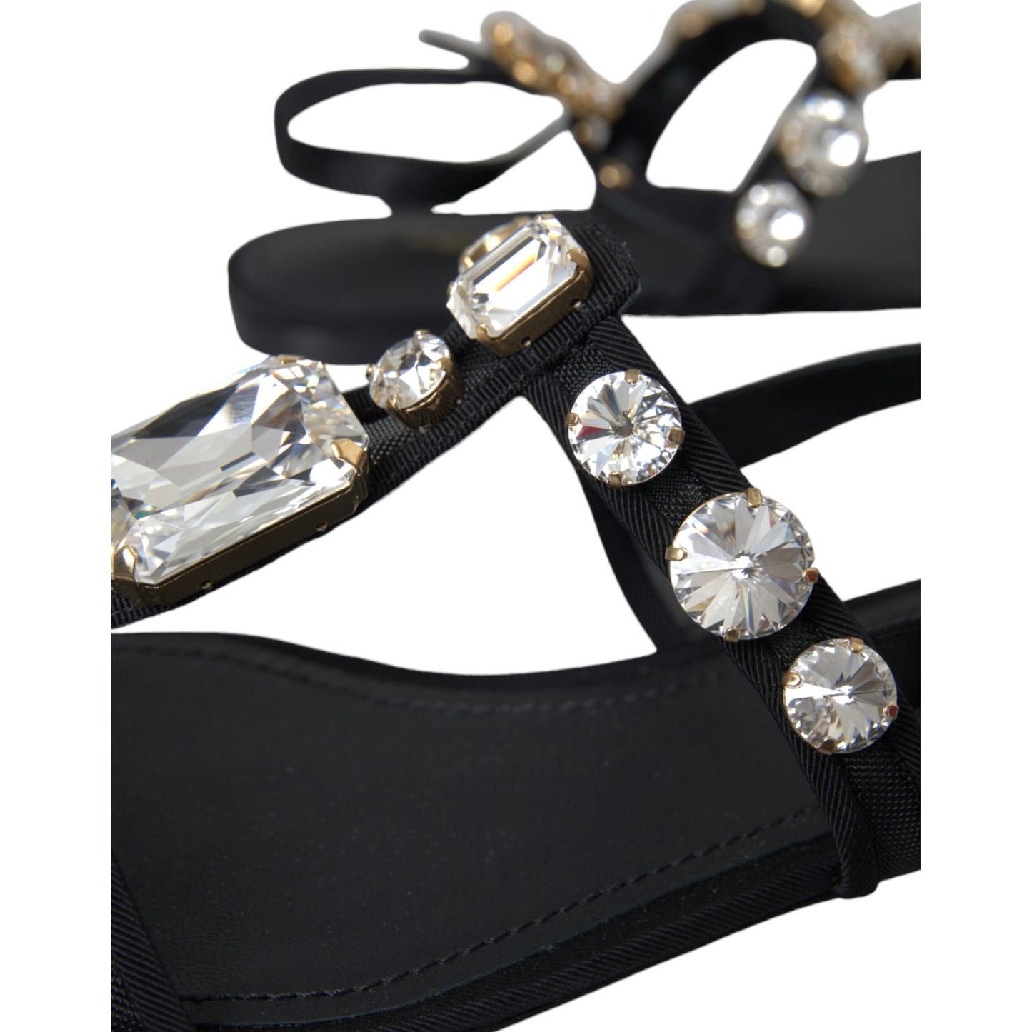 Dolce & Gabbana Black Leather Crystal Flats Sandals Shoes Dolce & Gabbana