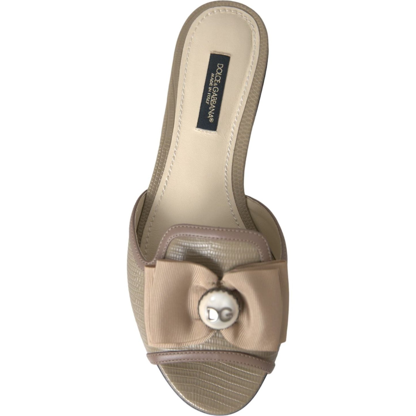 Dolce & Gabbana Beige Logo Pearl Flats Sandals Slides Shoes Dolce & Gabbana