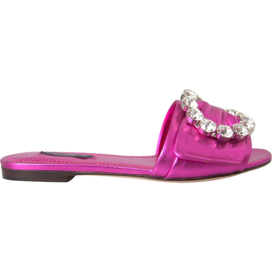 Dolce & Gabbana Fuchsia Crystal Leather Flats Sandals Shoes Dolce & Gabbana