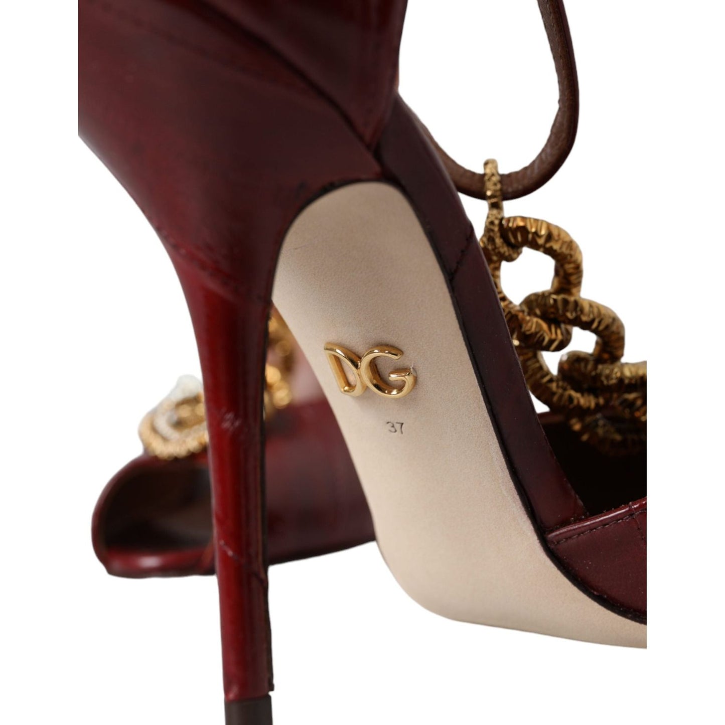 Dolce & Gabbana Dark Red Leather Gold Devotion Heart Sandals Shoes Dolce & Gabbana