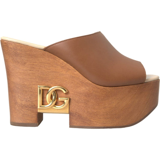 Dolce & Gabbana Brown Leather Wood Mules Wedge Slides Shoes Dolce & Gabbana