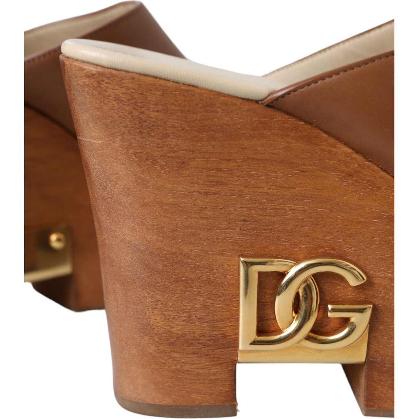 Dolce & Gabbana Brown Leather Wood Mules Wedge Slides Shoes Dolce & Gabbana