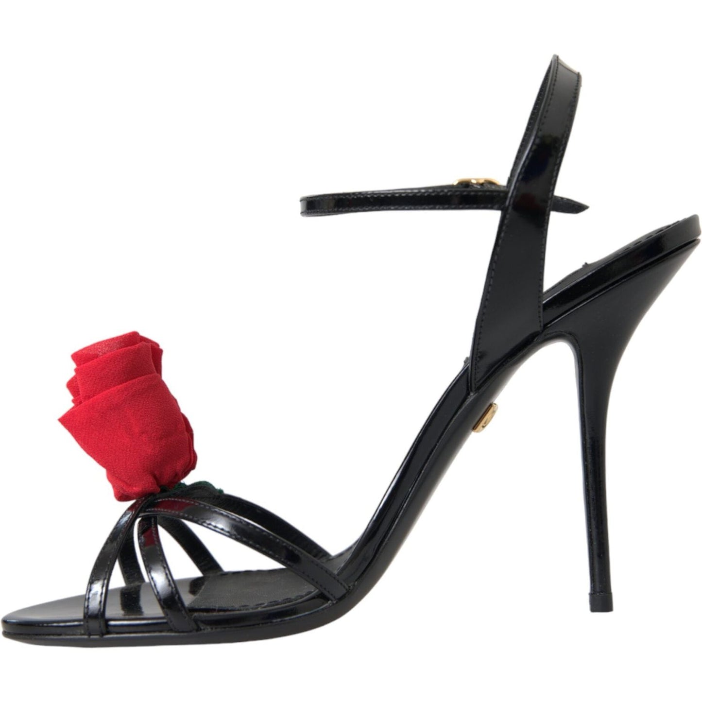 Dolce & Gabbana Black Leather Rose Ankle Strap Heels Sandals Shoes Dolce & Gabbana