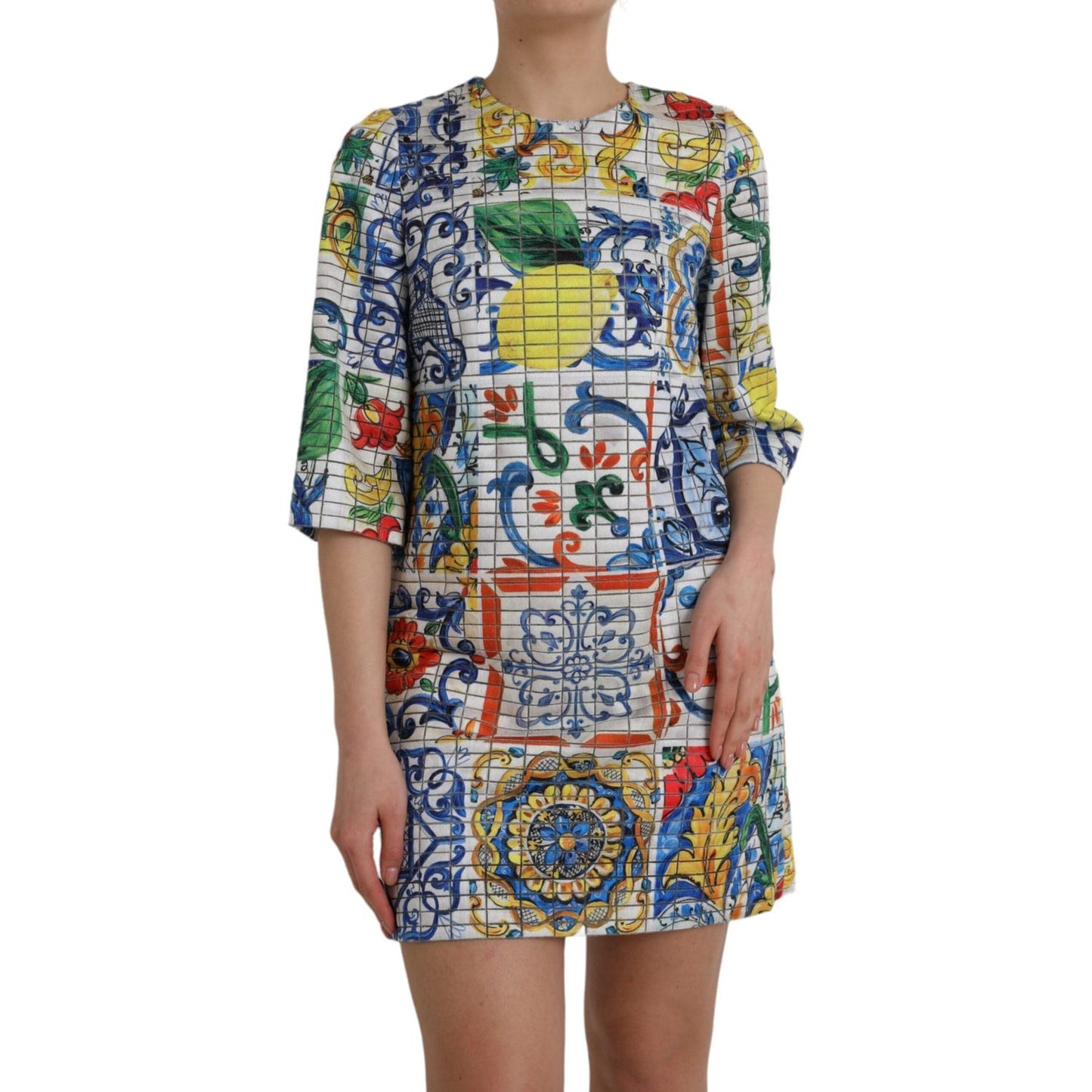 Dolce & Gabbana Multicolor Majolica 3/4 Sleeves Shift Dress Dolce & Gabbana