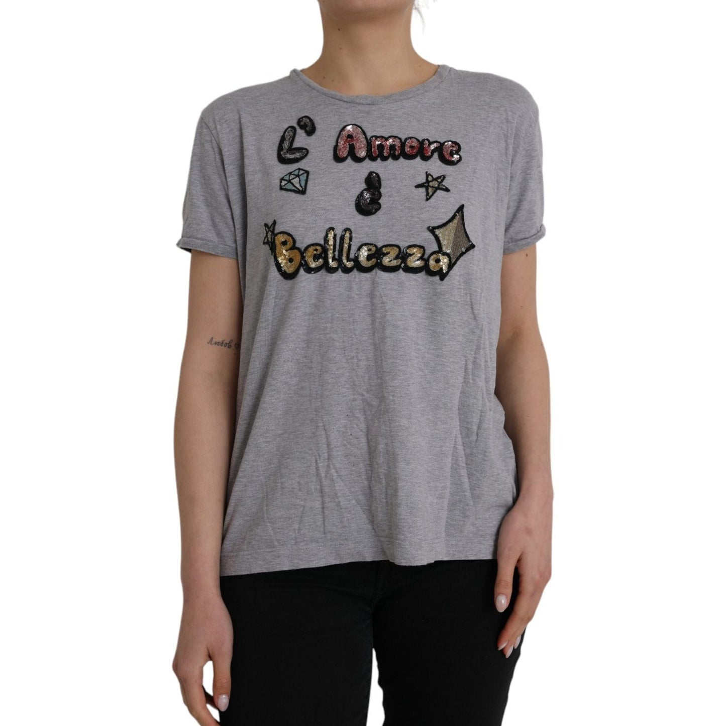 Dolce & Gabbana Gray Cotton L'Amore E'Bellezza Top T-shirt Dolce & Gabbana