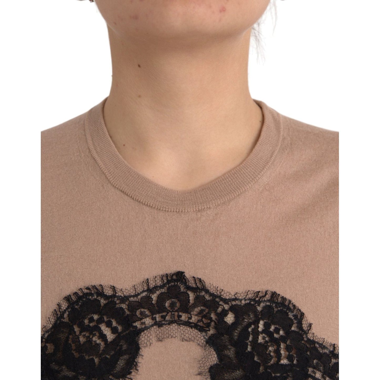 Dolce & Gabbana Brown Wool Black Lace 3/4 Sleeve Blouse Top Dolce & Gabbana