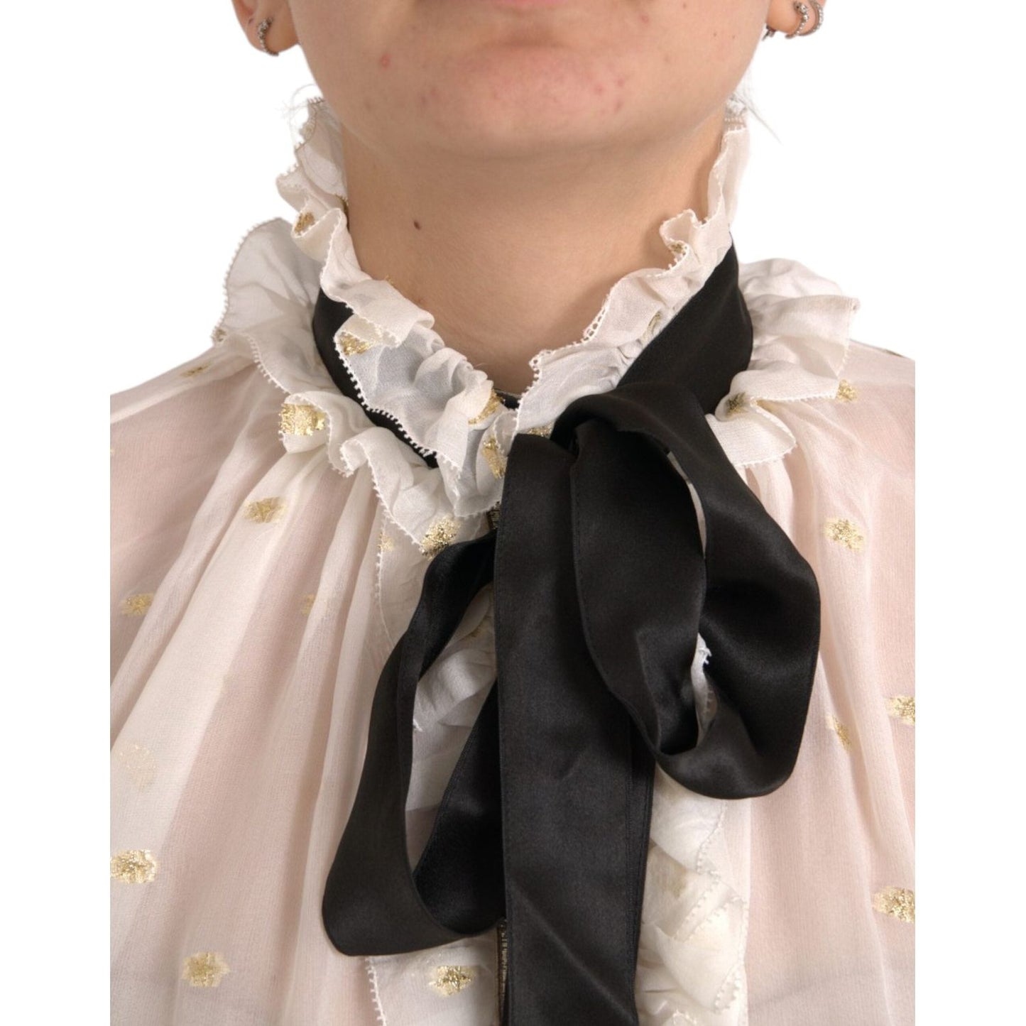 Dolce & Gabbana Off White Silk Blend Ascot Collar Blouse Top Dolce & Gabbana