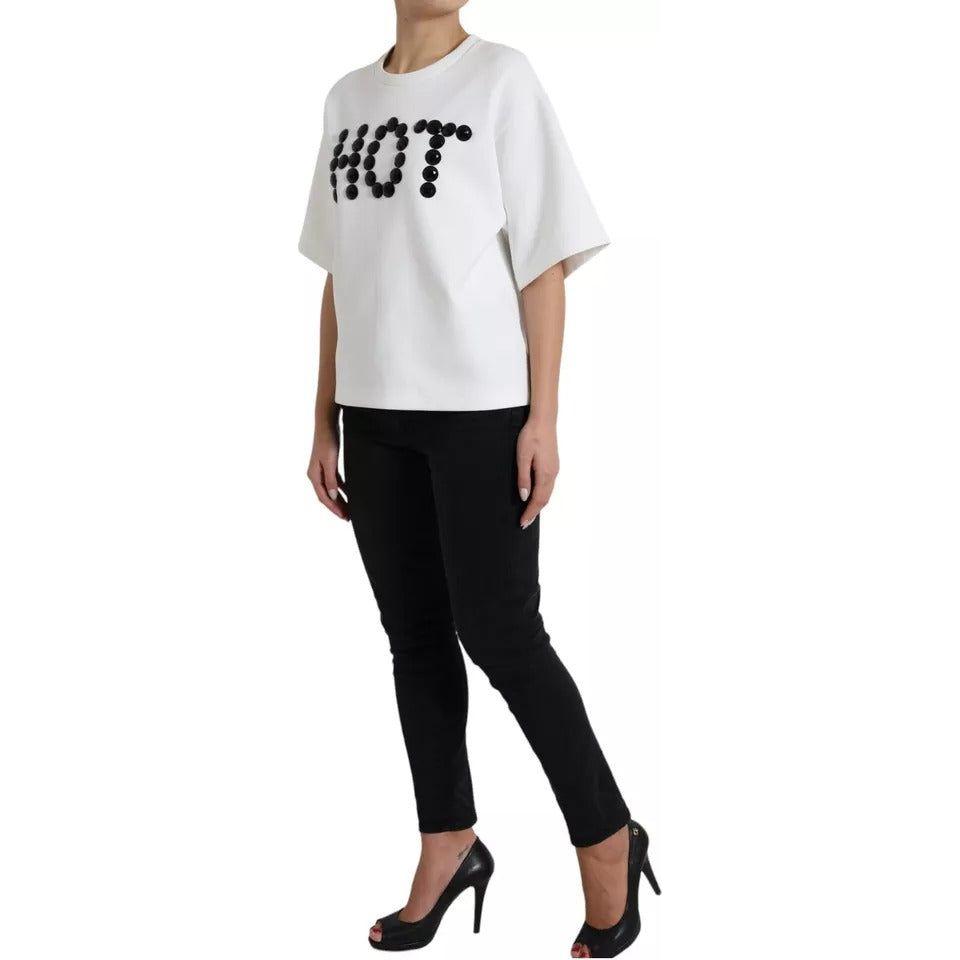 Dolce & Gabbana White Cotton Black HOT Crystal Top T-shirt Dolce & Gabbana