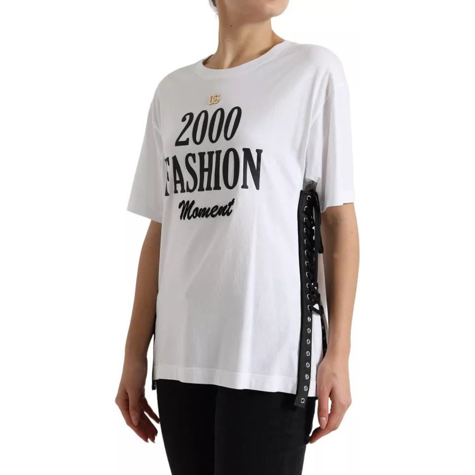 Dolce & Gabbana White Slogan Print Lacing Detailed T-shirt Dolce & Gabbana