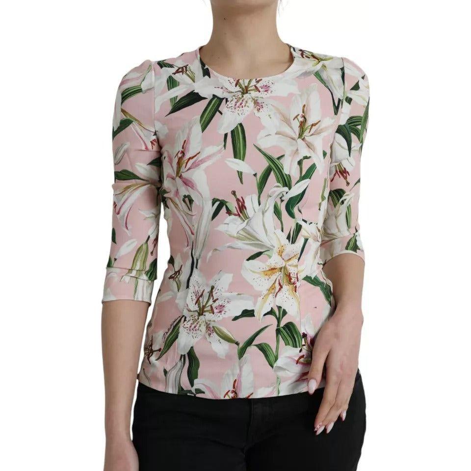 Dolce & Gabbana Pink Floral Viscose Round Neck Blouse Top Dolce & Gabbana