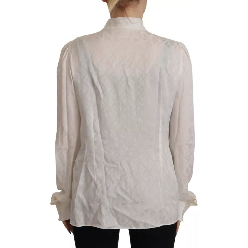 Dolce & Gabbana White Patterned Silk Ascot Collar Blouse Top Dolce & Gabbana