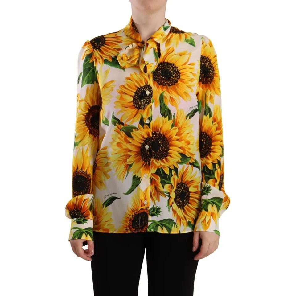 Dolce & Gabbana White Sunflower Silk Ascot Collar Blouse Top Dolce & Gabbana