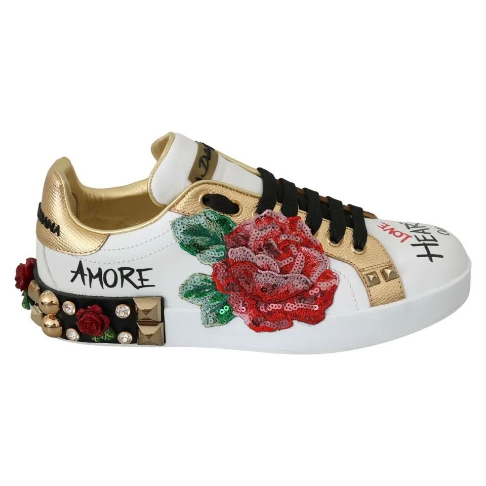 Dolce & Gabbana White Roses Sequined Crystal Womens Sneakers Shoes Dolce & Gabbana