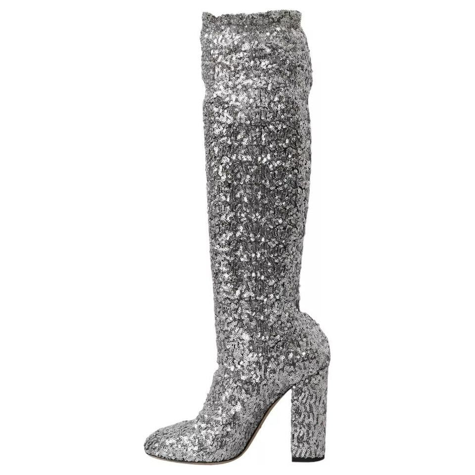 Dolce & Gabbana Silver Sequined High Boots Stretch Shoes Dolce & Gabbana