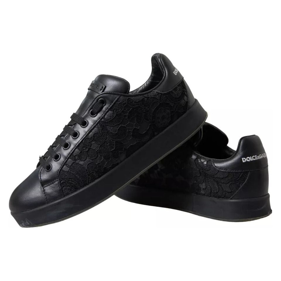 Dolce & Gabbana Black Floral Lace Leather Women Sneakers Shoes Dolce & Gabbana