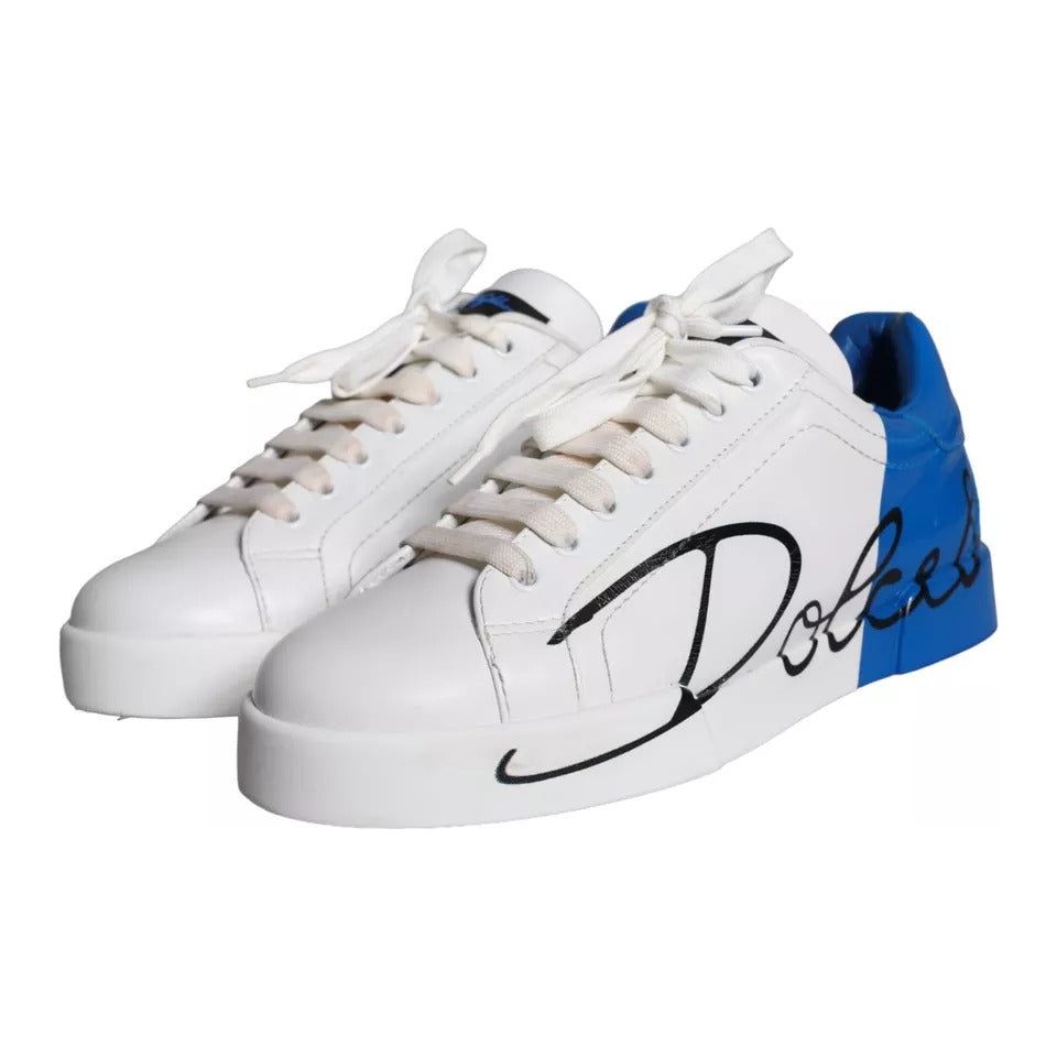 Dolce & Gabbana White Blue Leather Logo Low Top Sneakers Men Shoes Dolce & Gabbana