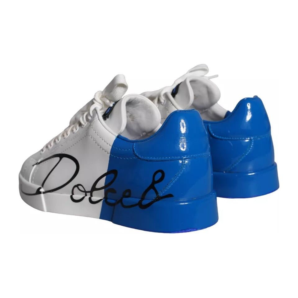 Dolce & Gabbana White Blue Leather Logo Low Top Sneakers Men Shoes Dolce & Gabbana